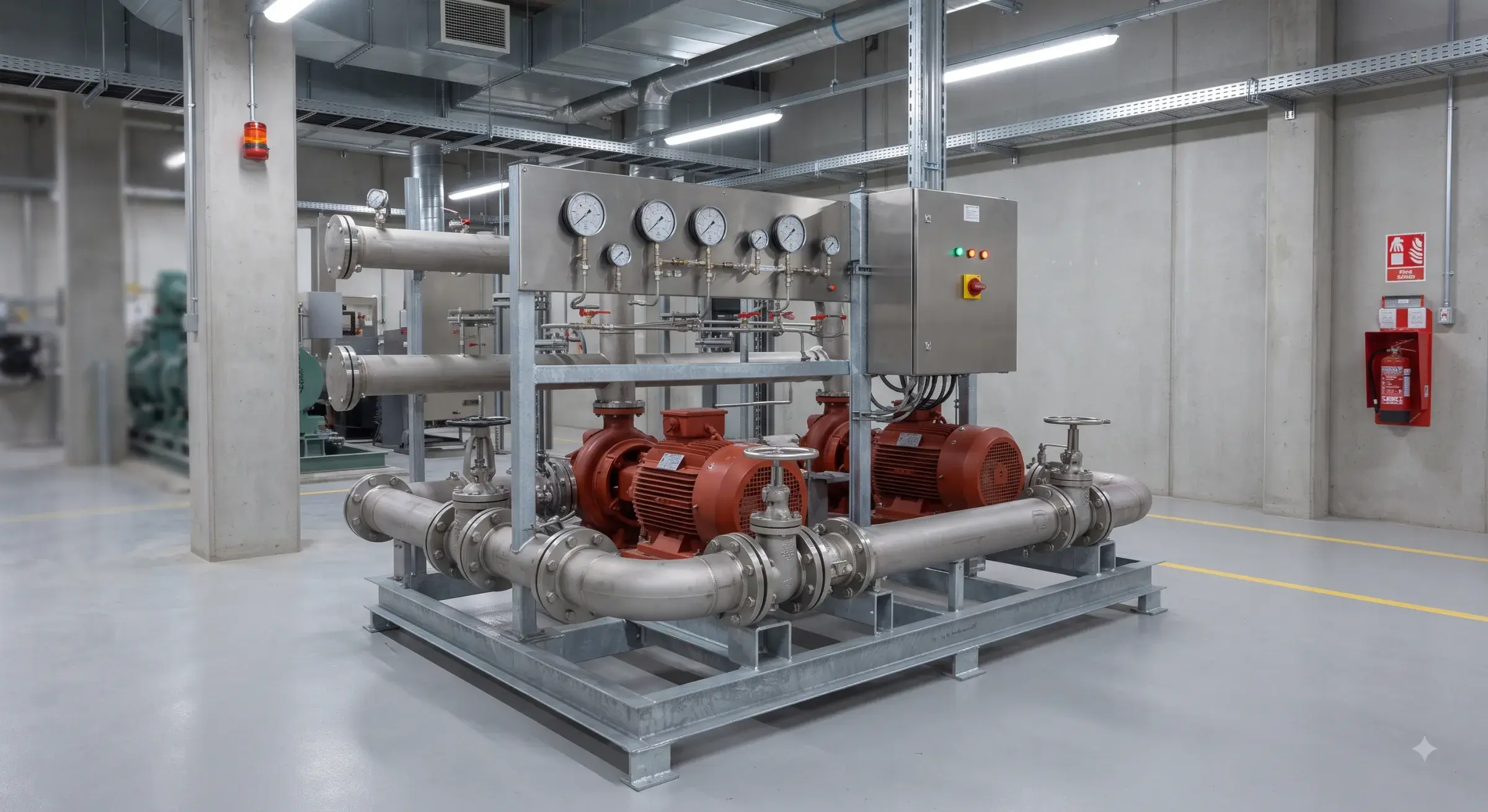 High-pressure fire pump skid with twin pump sets and pressure gauges
